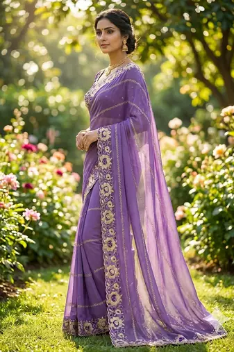 levender georgette embroidered work saree with blouse