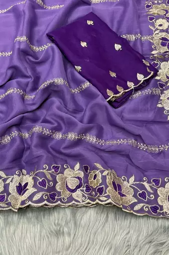 levender georgette embroidered work saree with blouse