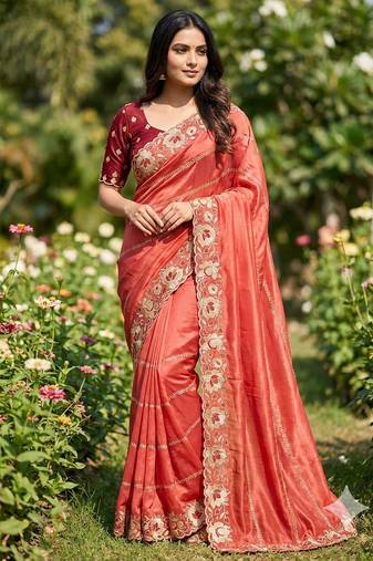 orange georgette embroidered work saree with blouse