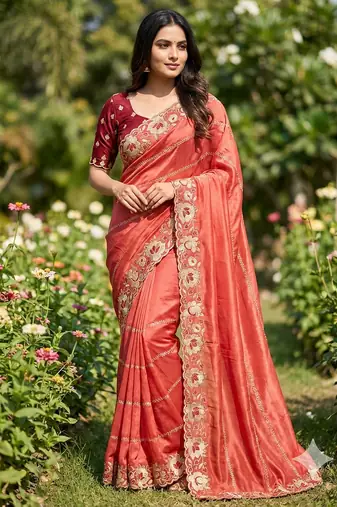 orange georgette embroidered work saree with blouse
