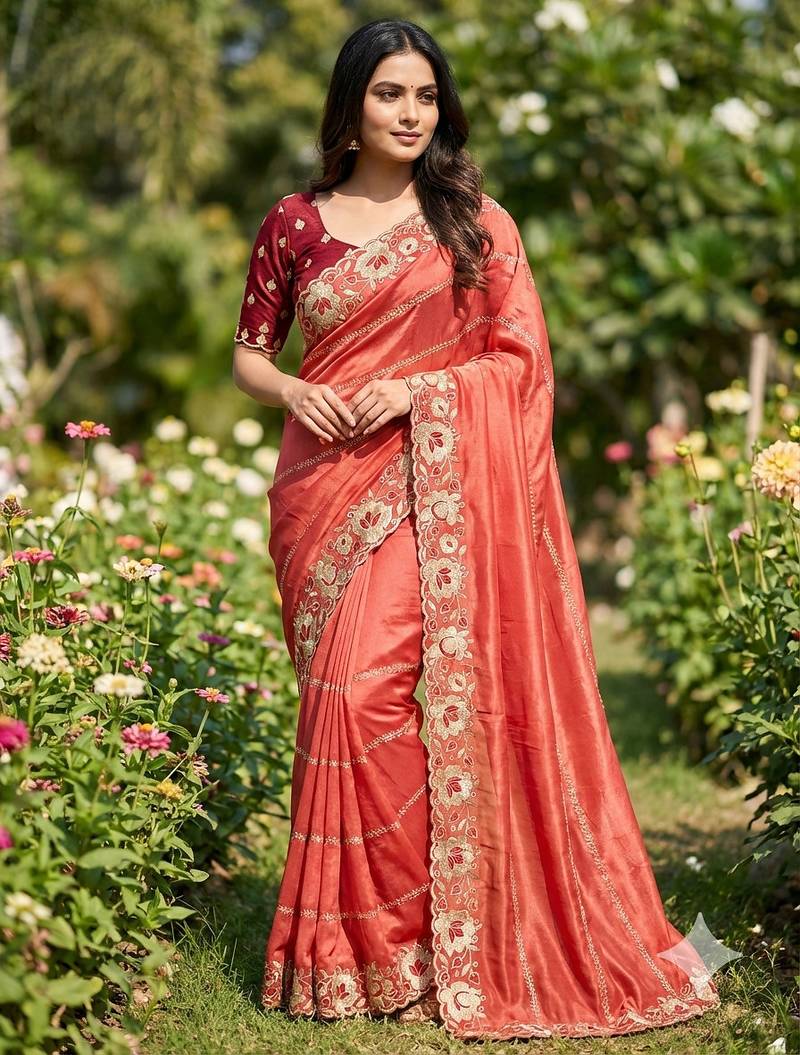 orange georgette embroidered work saree with blouse