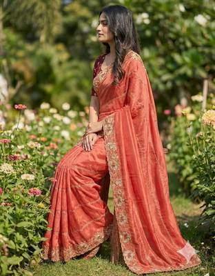 orange georgette embroidered work saree with blouse 2