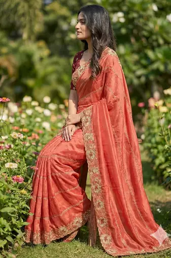 orange georgette embroidered work saree with blouse