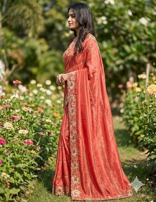 orange georgette embroidered work saree with blouse 3