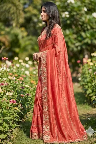 orange georgette embroidered work saree with blouse