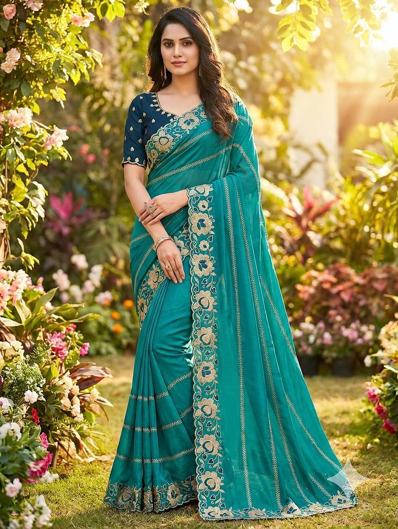 rama georgette embroidered work saree with blouse