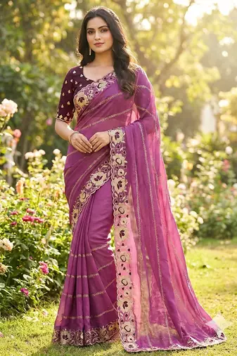 wine georgette embroidered work saree with blouse