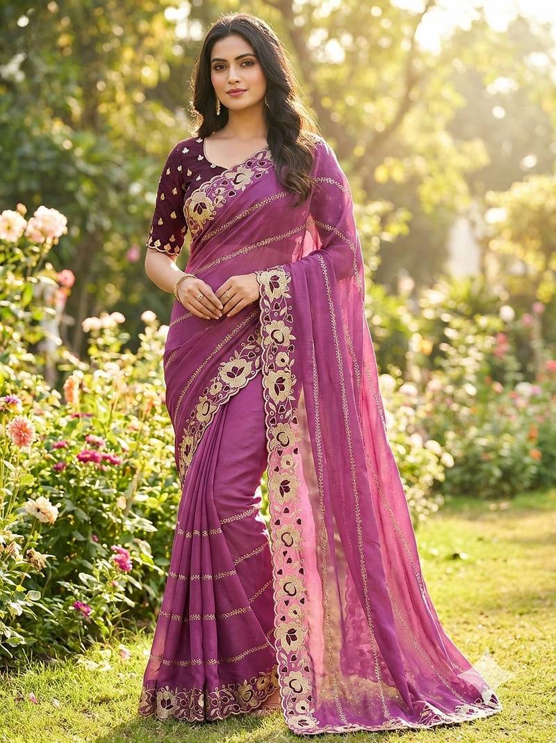 wine georgette embroidered work saree with blouse