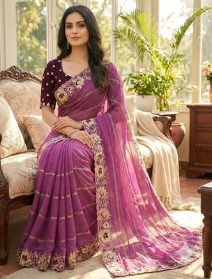 wine georgette embroidered work saree with blouse 2