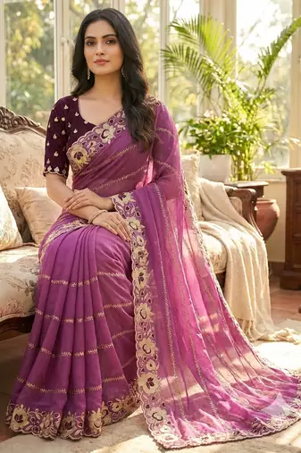 wine georgette embroidered work saree with blouse