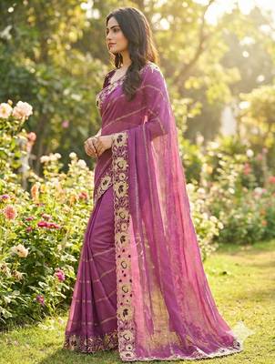 wine georgette embroidered work saree with blouse 3