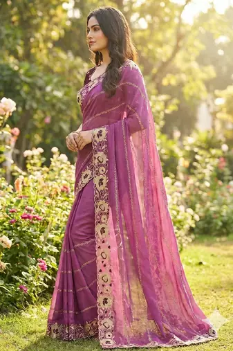 wine georgette embroidered work saree with blouse