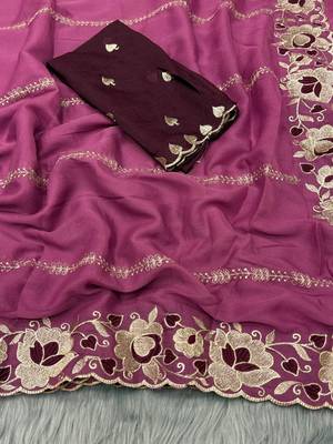 wine georgette embroidered work saree with blouse 4