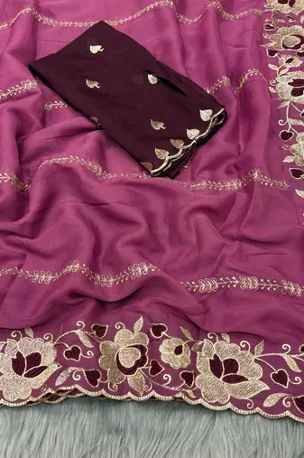 wine georgette embroidered work saree with blouse