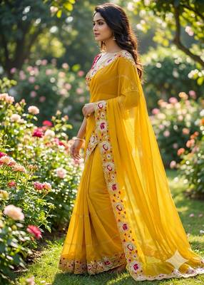 yellow georgette embroidered work saree with blouse 1