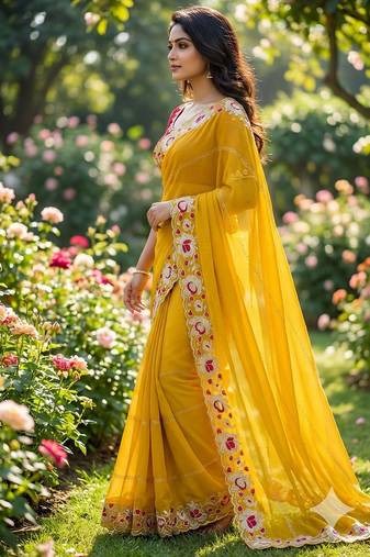 yellow georgette embroidered work saree with blouse
