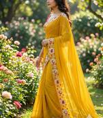 yellow georgette embroidered work saree with blouse