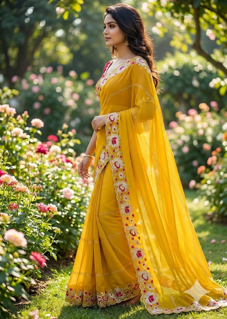 yellow georgette embroidered work saree with blouse