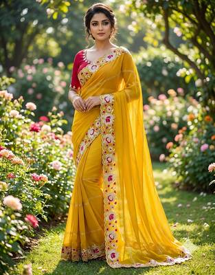 yellow georgette embroidered work saree with blouse 2