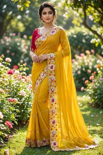 yellow georgette embroidered work saree with blouse