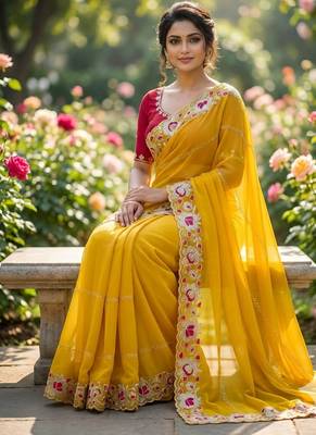 yellow georgette embroidered work saree with blouse 3