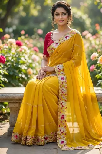 yellow georgette embroidered work saree with blouse