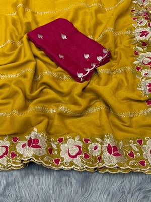 yellow georgette embroidered work saree with blouse 4