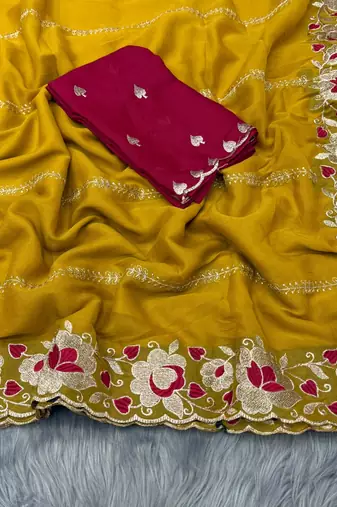 yellow georgette embroidered work saree with blouse