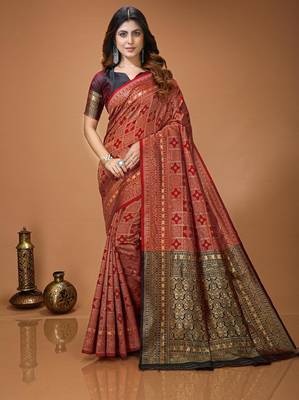 red silk blend woven work saree with un-stitched blouse 1