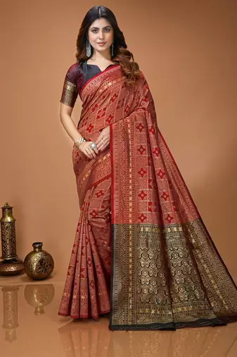 red silk blend woven work saree with un-stitched blouse