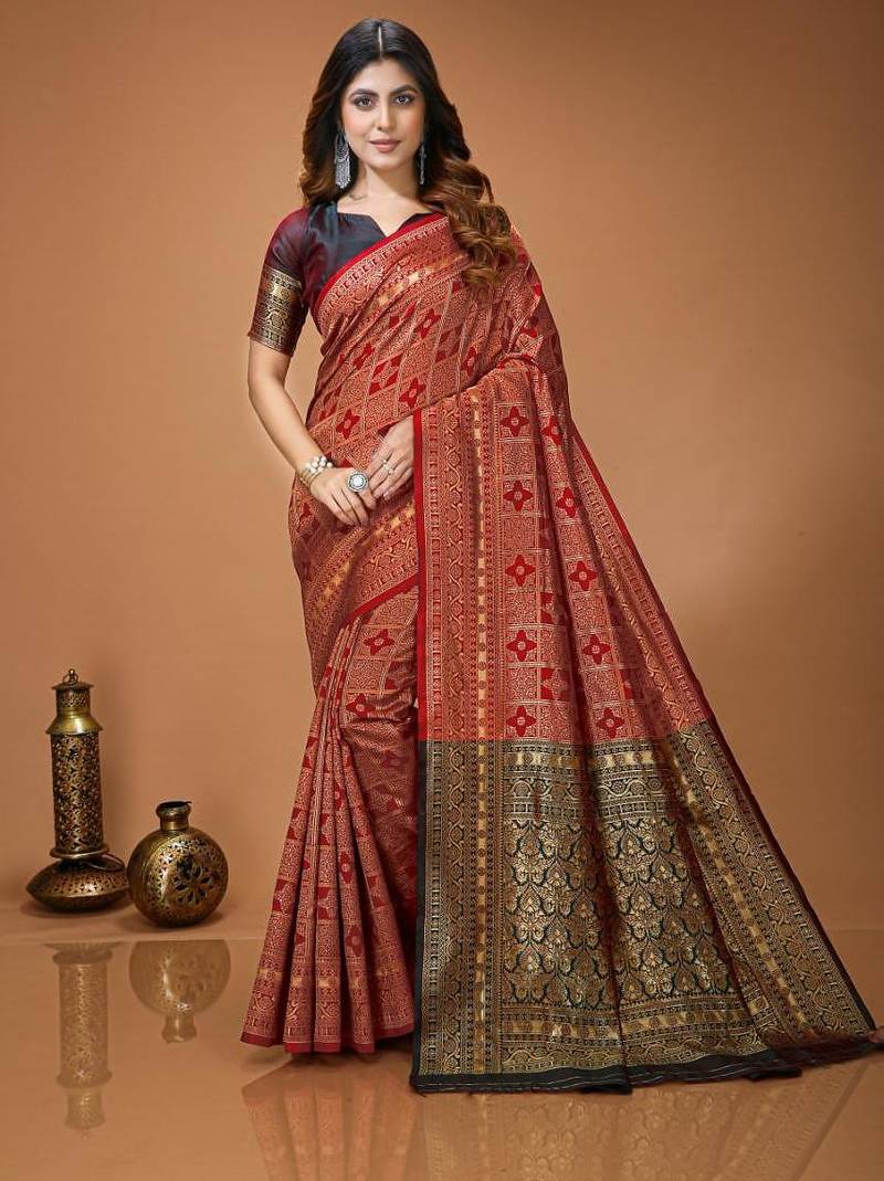 red silk blend woven work saree with un-stitched blouse