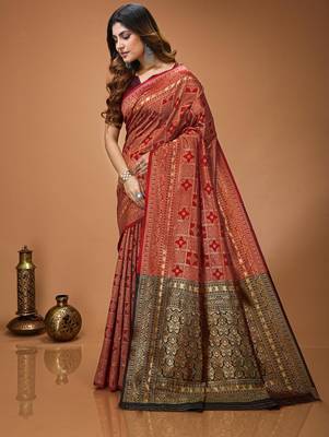 red silk blend woven work saree with un-stitched blouse 2