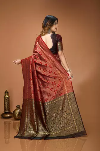 red silk blend woven work saree with un-stitched blouse