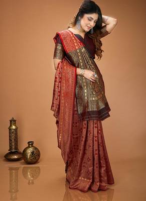 red silk blend woven work saree with un-stitched blouse 4
