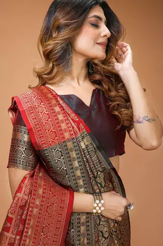 red silk blend woven work saree with un-stitched blouse