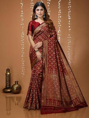 red silk blend woven work saree with un-stitched blouse 1