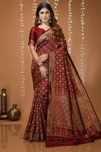 red silk blend woven work saree with un-stitched blouse