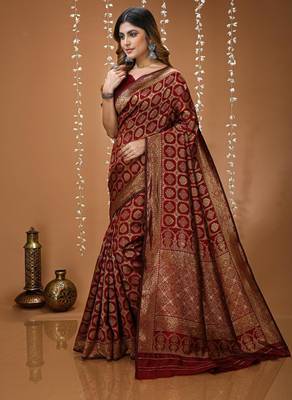 red silk blend woven work saree with un-stitched blouse 2