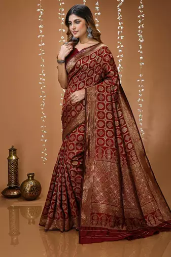 red silk blend woven work saree with un-stitched blouse