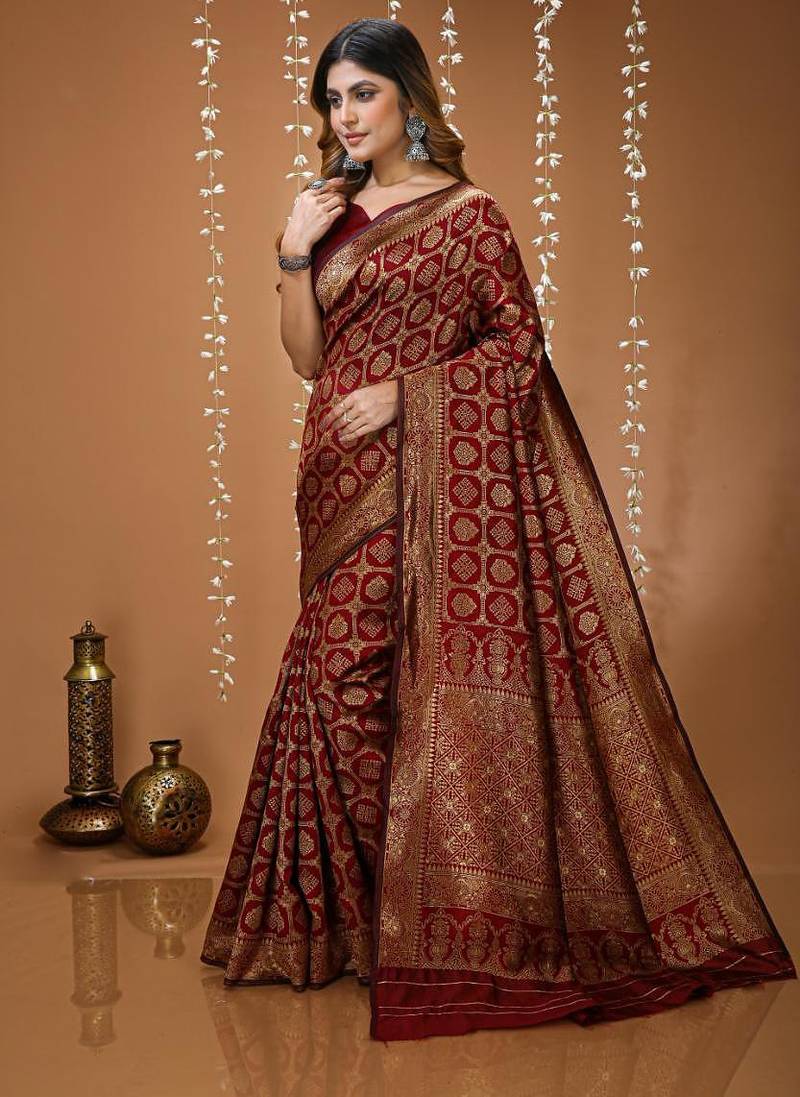 red silk blend woven work saree with un-stitched blouse