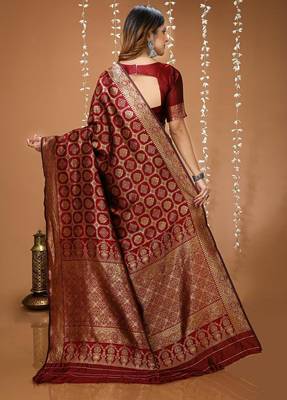 red silk blend woven work saree with un-stitched blouse 3
