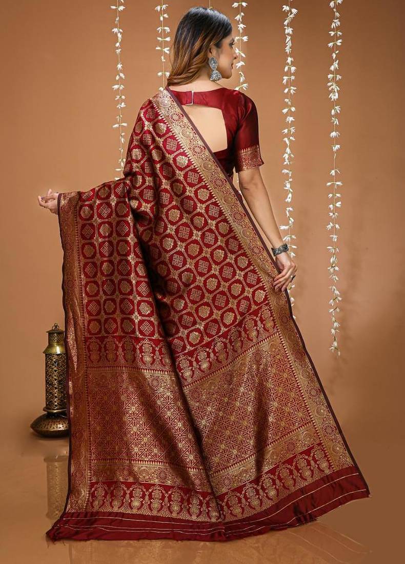 red silk blend woven work saree with un-stitched blouse