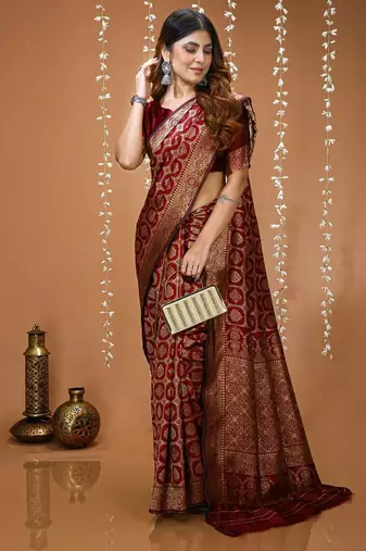 red silk blend woven work saree with un-stitched blouse