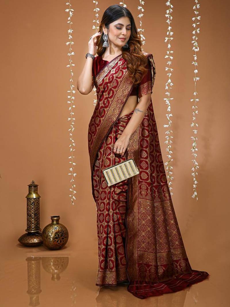 red silk blend woven work saree with un-stitched blouse