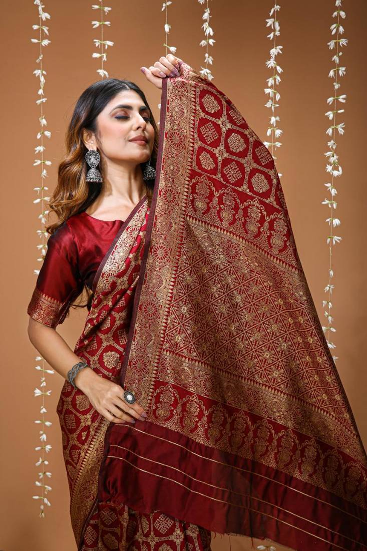 red silk blend woven work saree with un-stitched blouse