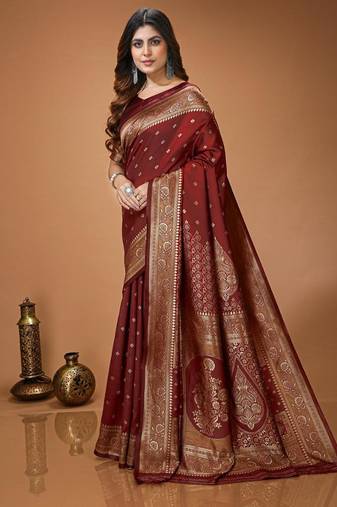 maroon silk blend woven work saree with un-stitched blouse