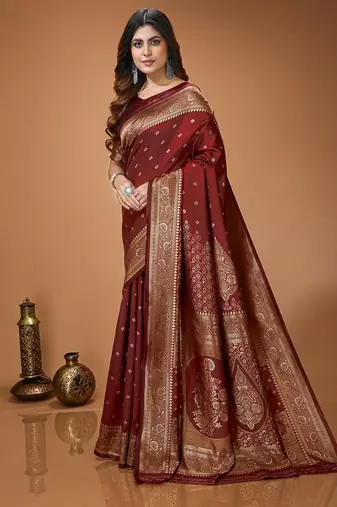 maroon silk blend woven work saree with un-stitched blouse