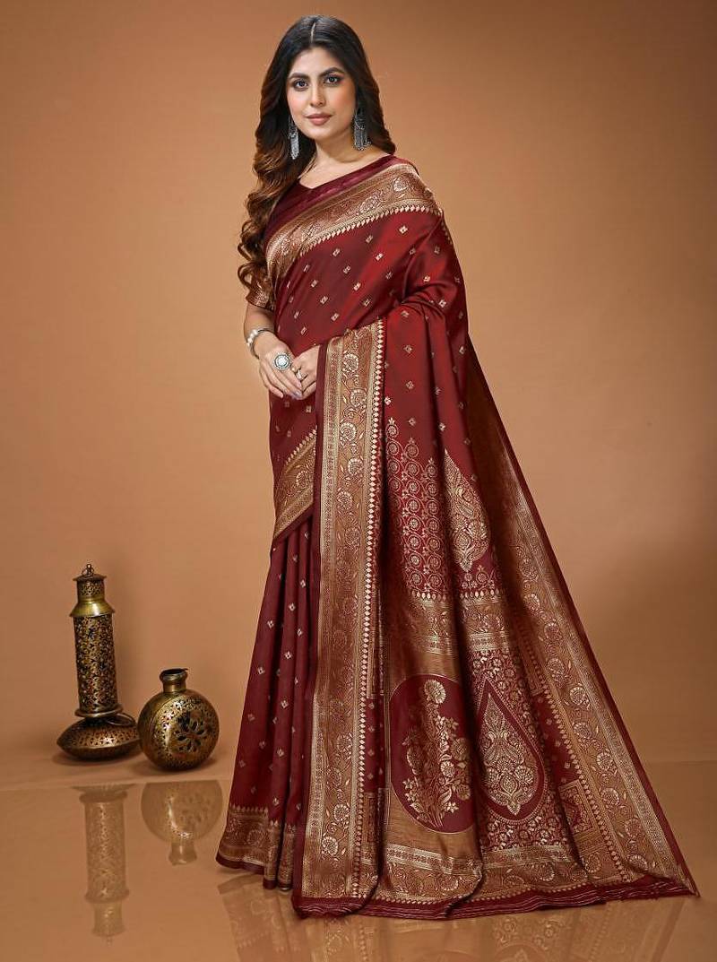 maroon silk blend woven work saree with un-stitched blouse