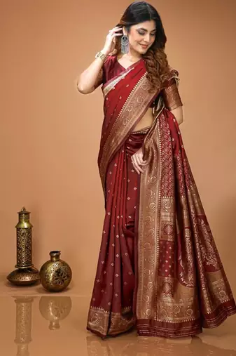 maroon silk blend woven work saree with un-stitched blouse
