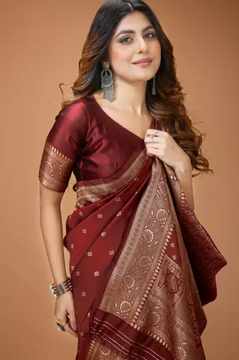 maroon silk blend woven work saree with un-stitched blouse